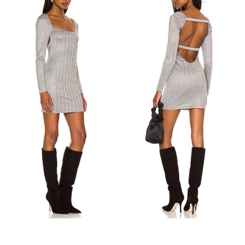 NBD Lida Silver Metallic Square Neck Long Sleeve Mini Dress Open Back NWT Party